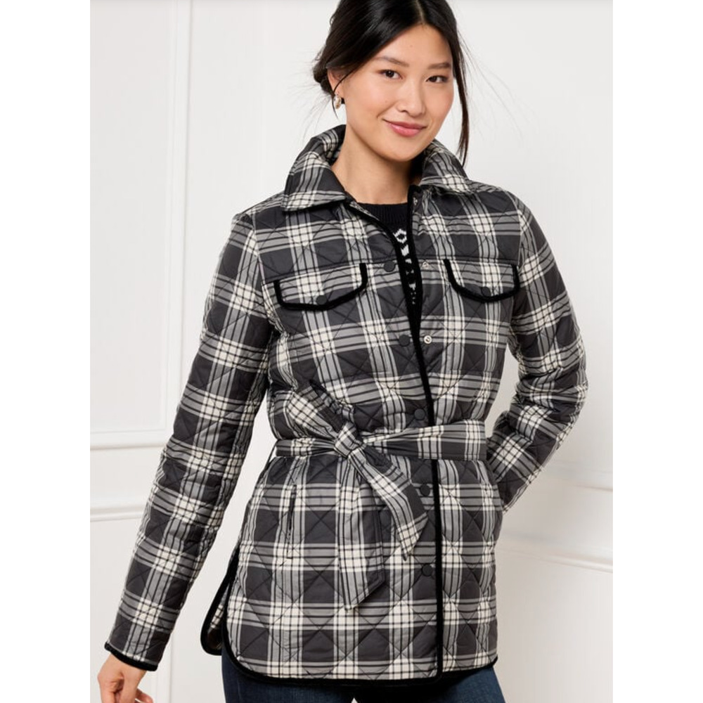 TALBOTS BLACK IVORY PLAID TIE WAIST QUILTED SHIRT JACKET COAT PLUS PETITE 1XP